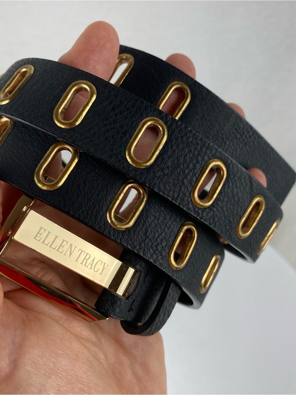 Ellen Tracy Black Leather Wrap Belt with Gold Oval Eyelets